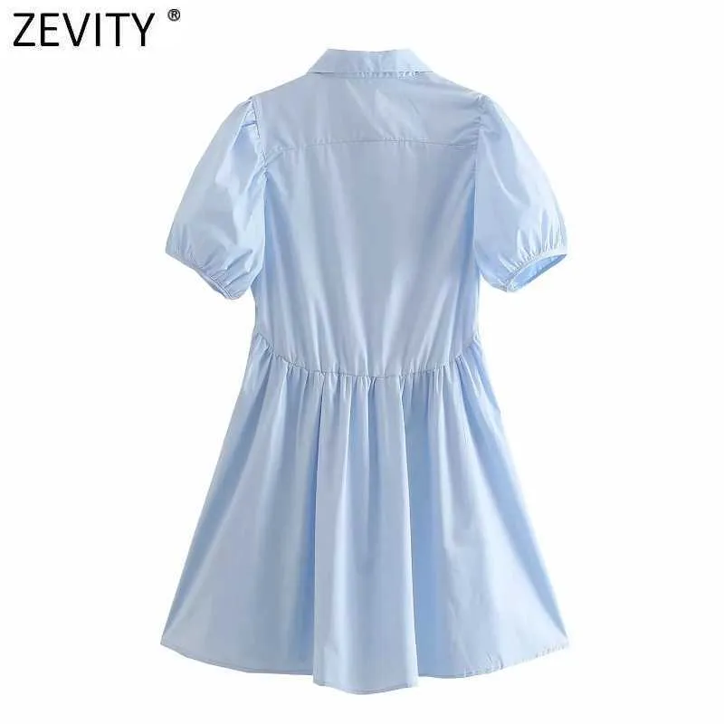 Zevity Donna Dolce Tinta unita Pieghe Popeline Mini abito Chic Manica a lanterna Abiti casual Donna Tempo libero Abiti a linea DS8296 210603