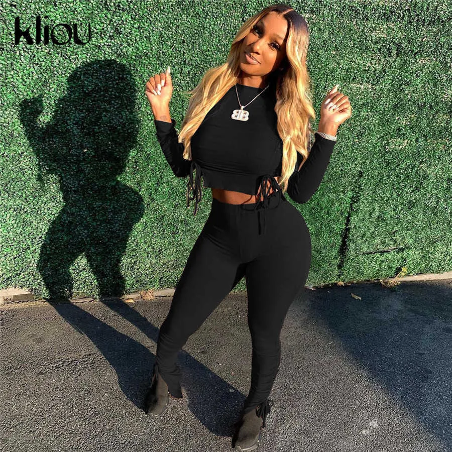 Kliou Ribbed Stickad Solid Två Piece Sats Kvinnor Drawstring Crop Tops + Sträckt Ruched Side Slit Leggings Outfits 210819