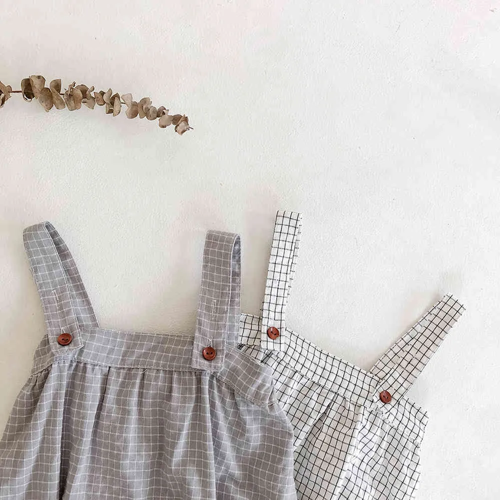 Summer Plaid Sling Romper + Hat Infant Boy Girl Set Short Sleeve Shirt Baby Clothes Casual Cute 210515