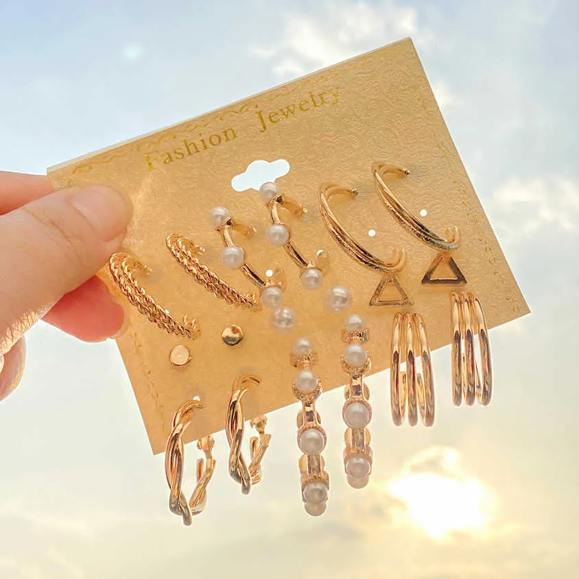FNIO Vintage Gold Geometrische Frauen Mode Quaste Kristall Perle Set Hohl Quadrat Ohrringe Schmuck Geschenke