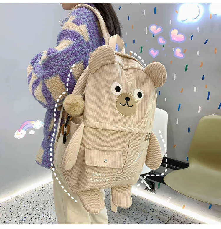 Damer söt corduroy ryggsäck kvinnlig kawaii björn broderi design resa ryggsäck mochila för kvinnor student japansk skolväska y1105