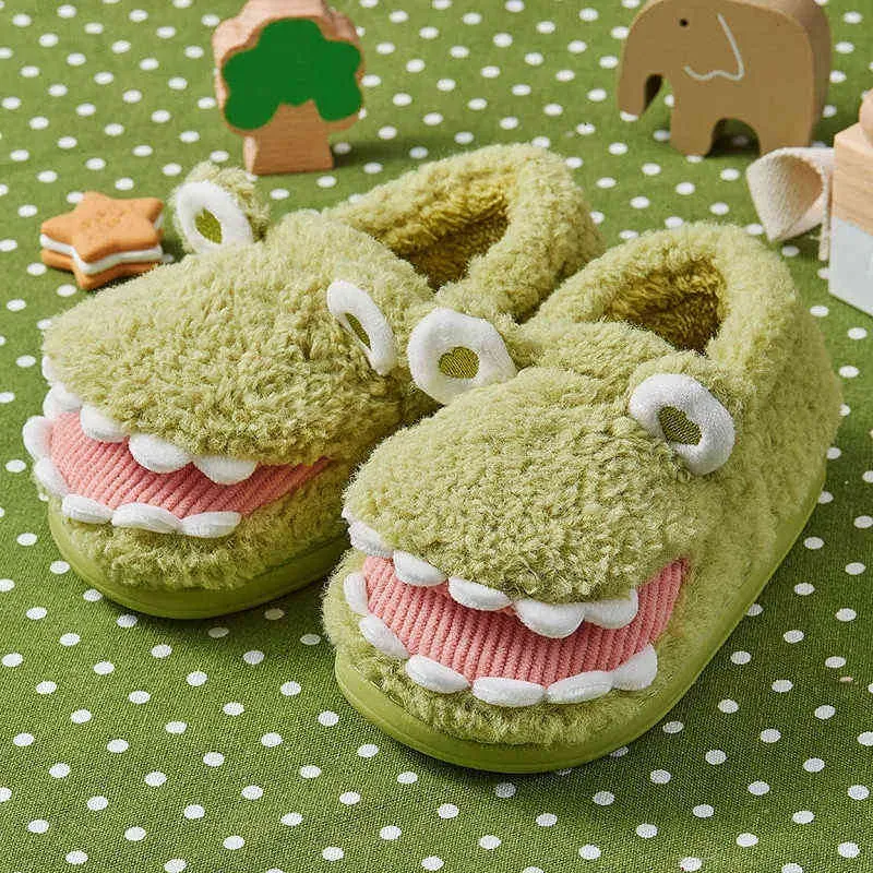 Par Hem Tofflor Söt Kvinnor Non-Slip House Skor Vinter Varma Skor 2021New Fashion Casual Cartoon Dinosaur Plush Slides H1122