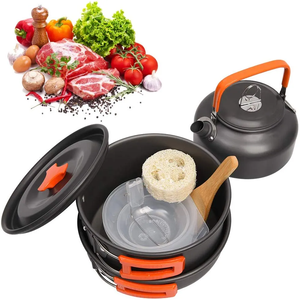 Camping Cookware Kit Outdoor Aluminum Cooking Set Water Kettle Pan Pot Travelling Hiking Picnic BBQ Tableware Equipment FT1362757638