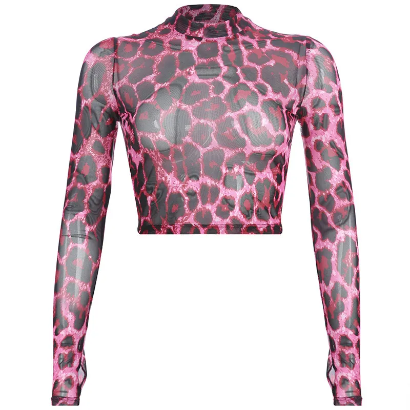 Ezgaga mulheres camisetas Casual novo sexy rosa leopardo impressão magro base malha y2k tops senhoras tee slim street desgaste moda 210430