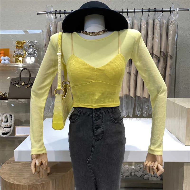 Candy Color Korean Chic Sweet O Neck Langarm Zurück Hollow Out T-Shirts Durchsichtige Bottom Shirts Tops Sexy Slim Camisole 210610