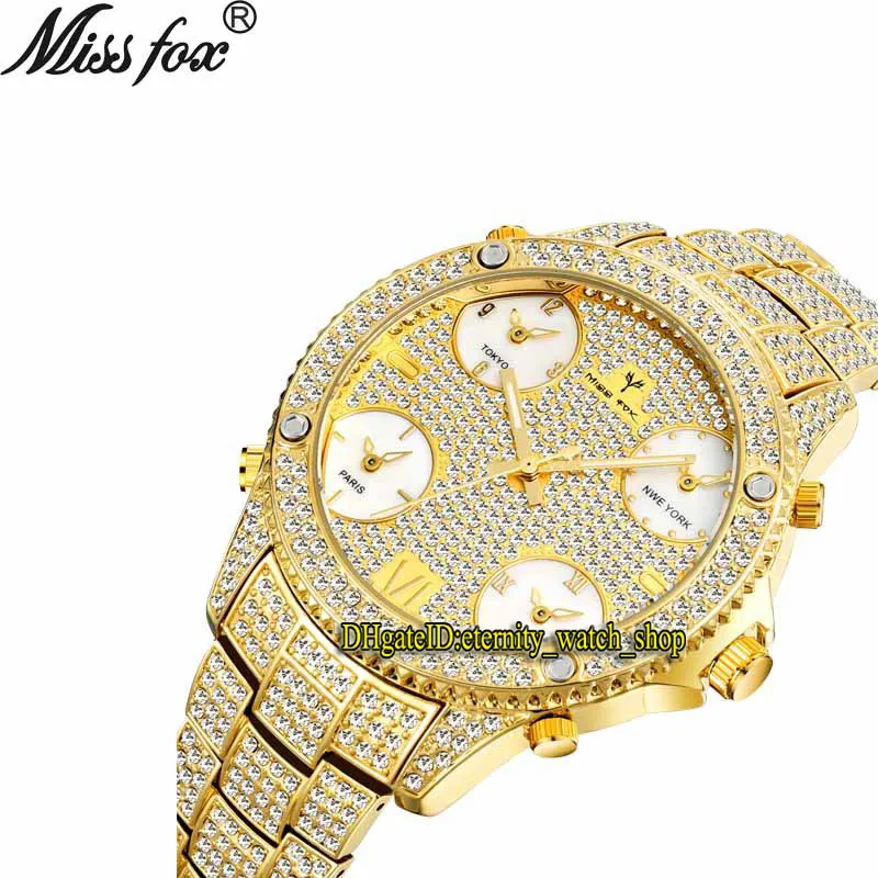 MISSFOX eternity V305 Hip hop Fashion Mens Watches 51MM CZ Diamond inlay Multi Dial Quartz Movement Men Watch Iced Out Diamonds Bezel Alloy Case Black Gold Bracelet