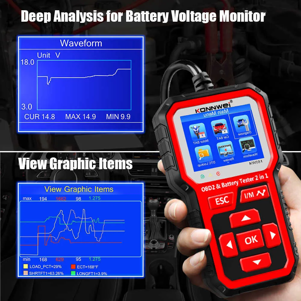 Konnwei ferramentas de diagnóstico kw681 6 v 12 v carro motocicleta testador de bateria obd 2 ferramenta de diagnóstico automático 2 em 1 2000 cca diagnóstico de carro obd2 scanner