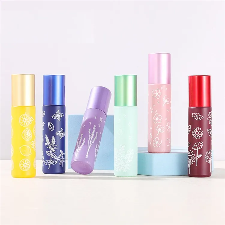 Botellas de rodillos de vidrio impresas de 10 ML, botella de aceite esencial de Perfume portátil de viaje, Mini es, embotellado vacío T10I139
