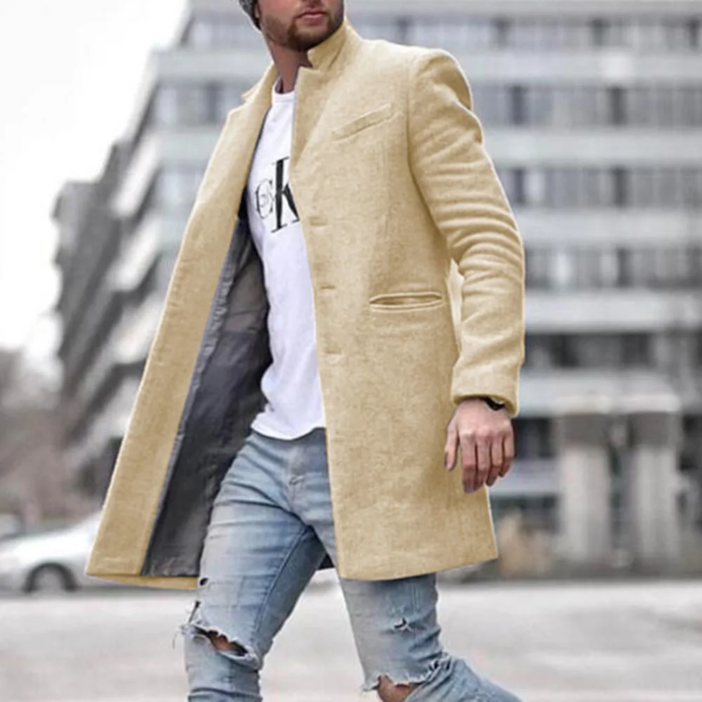 Autumn Winter Fashion Men Color Solid Woolen Coat mantieni il caldo tasca con tasca con tasca a maniche lunghe Temperamento singolo 2 pezzi