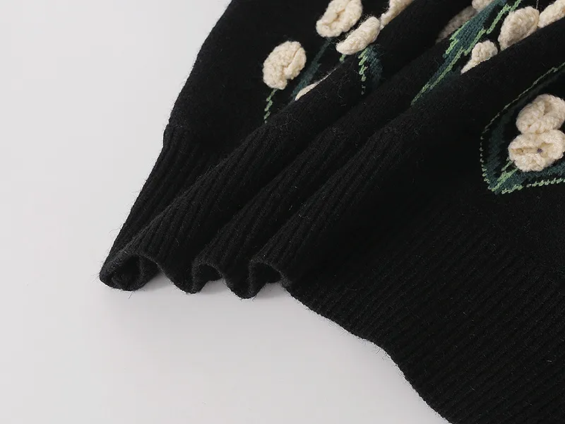 QOOTING 대형 두꺼운 겨울 스웨터 여성 손 크로 셰 뜨개질 3D 꽃 무늬 스웨터 여성 풀오버 점퍼 검은 스웨터 QT404 210518
