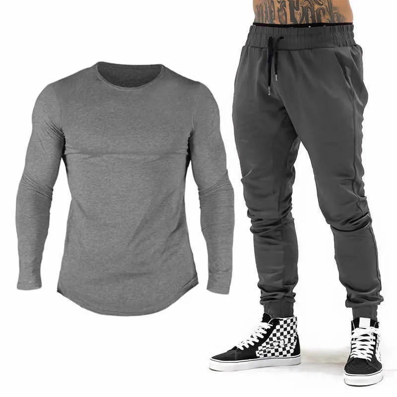 Brand Gym Clothing Tracksuit Men Cotton Long Sleeve T-Shirt + Joggers Pants Men Bodybuilding Fitness Jogging Sweatpant Sweatsuit X0610