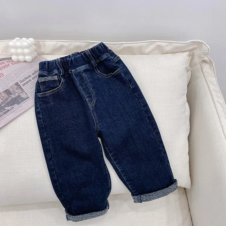 Vårhöstflickor Casual Straight Jeans Kids All-Match Loose Tjock Denim Pants 210508