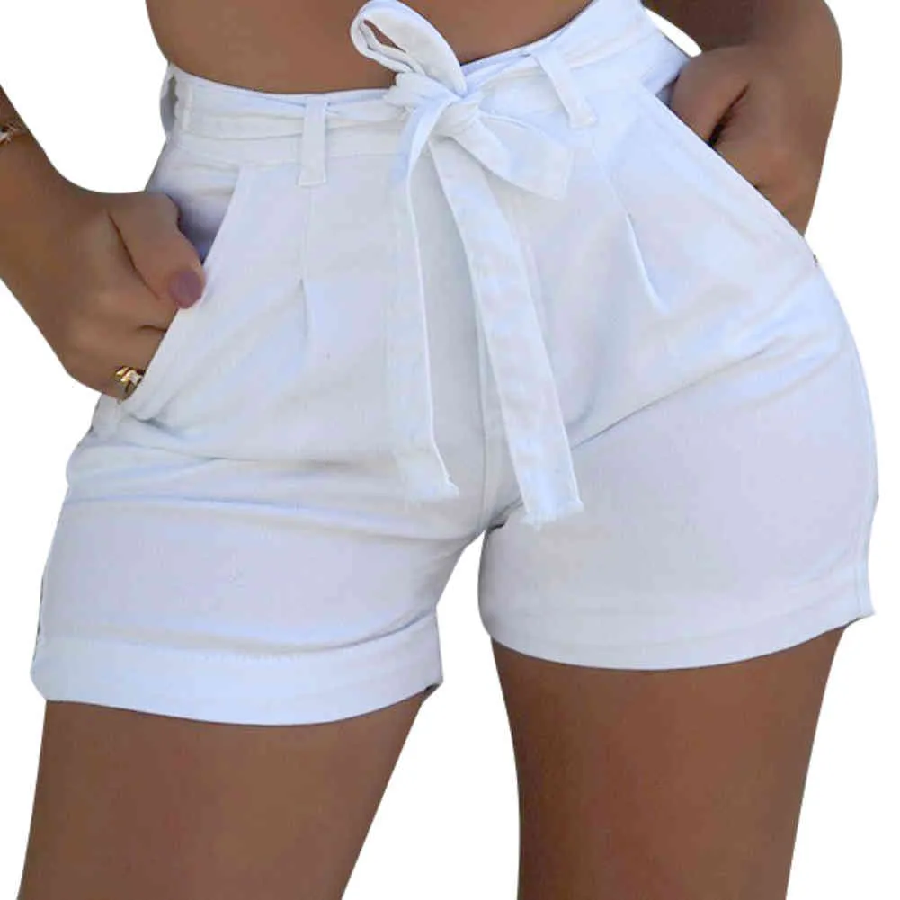 Plus Size Mode Gürtel Denim Shorts Sommer Frauen Skinny Hohe Taille Jeans Dame Streetwear Heiße Kurze Hosen mit Taschen Reißverschluss 210323