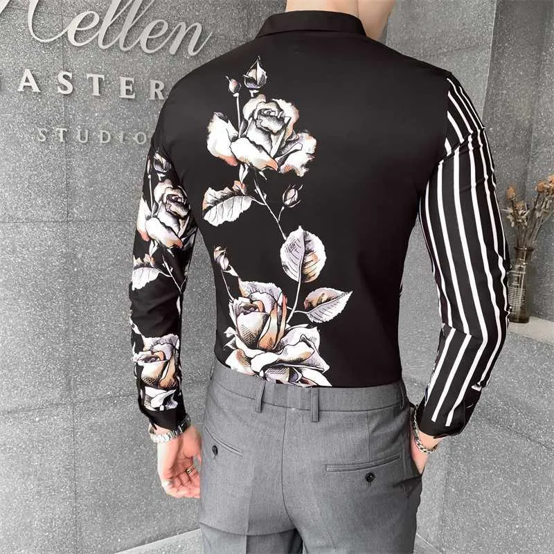 Güz Erkekler Çizgili Gömlek Slim Fit Streetwear Casual Gömlek Uzun Kollu Çiçek Gömlek Camisa Masculina İş Sosyal Erkek Giysileri 210527