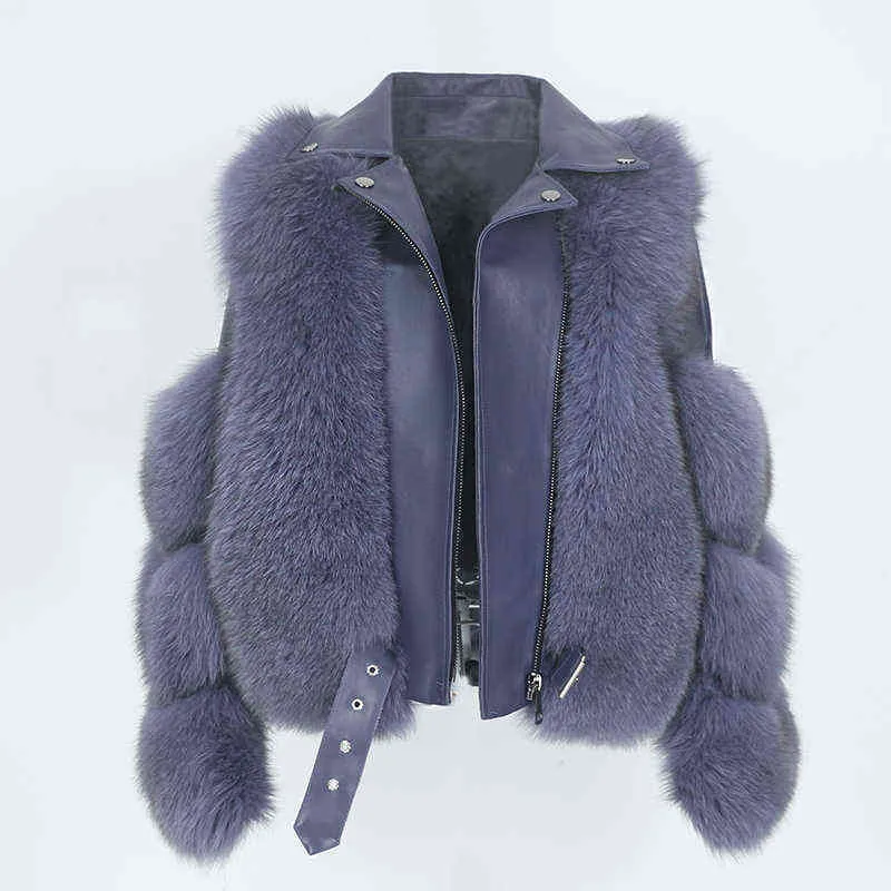 Oftbuy Real casaco de pele colete jaqueta de inverno mulheres pele natural couro genuíno Outerwear destacável streetwear locomotiva 211110