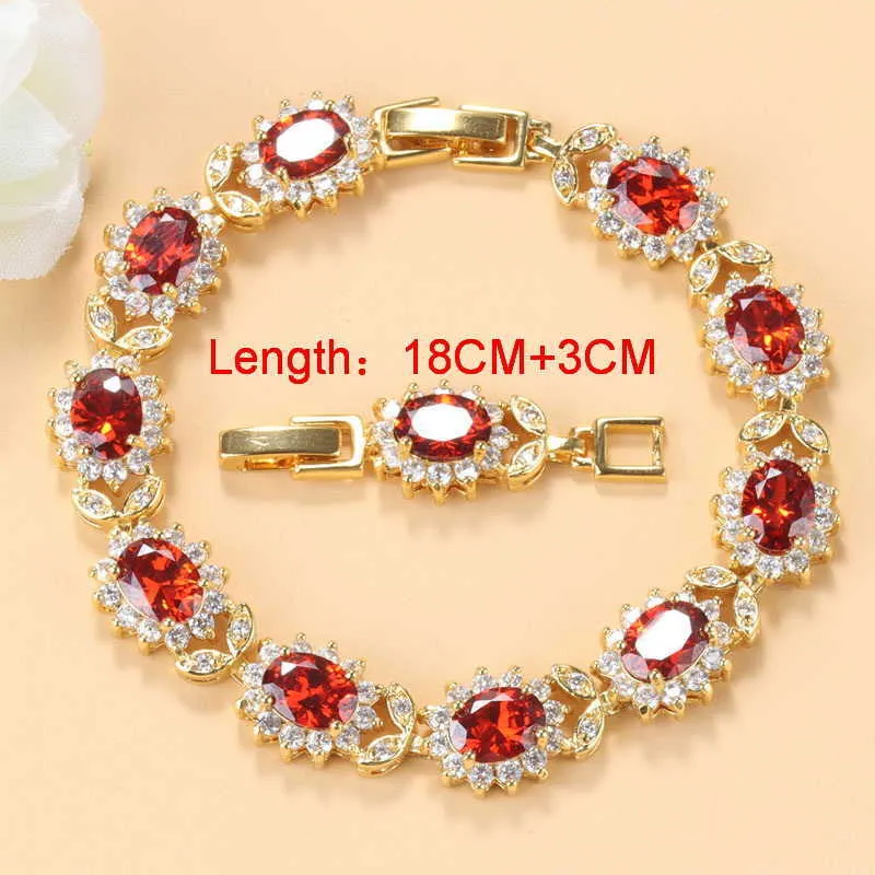 Dubai Gold Colors Wedding Accessories AAA+ Red Garnet Bridal Jewelry Sets For Women Charm Bracelet And Ring Sets H1022