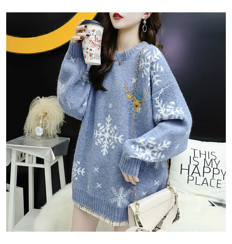 Women Christmas Sweater and Pullovers Casual Snowflake Deer Winter Knit Clothes Cartoon Red Jumpers oversized 210430