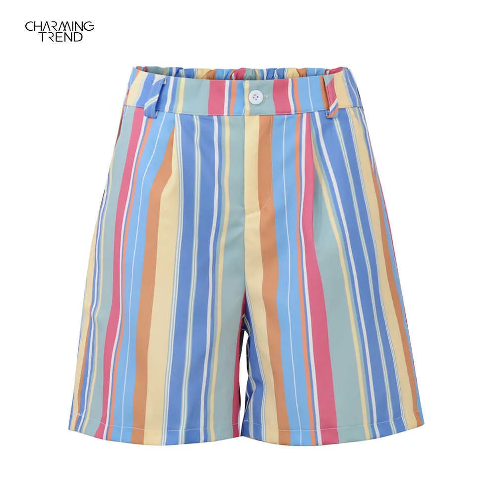 Summer Shorts Women Stripe Contrasting Short Pants Fit Young Girls Casual High Waist Shorts Summer Vintage Ladies Rainbow Shorts 210702