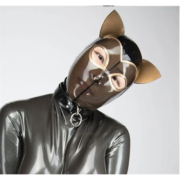 Masque de capuche fétichiste en Latex noir, Sexy, oreilles de chat, Gummi avec fermeture éclair au dos, personnalisé Y0804237d