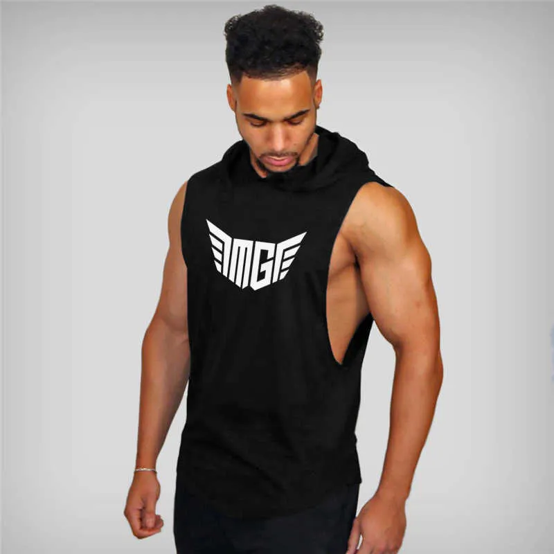 Muscleguys Brand Hooded Ärmlös Skjorta Bomull Gym Kläder Fitness Vest Män Bodybuilding Tank Toppar Hoodies Sport Singlets 210623