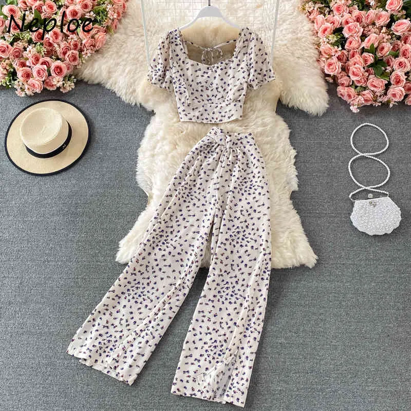 Neploe Summer Holiday Print Women Set O Neck Short Sleeve Short Top + High Waist Hip Wide Leg Pants Suit Loose Casual 210510