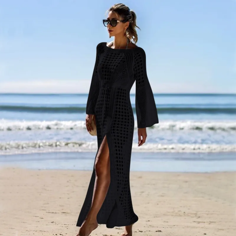 Women Bathing Suit Cover Up Crochet Lace Bikini Swimsuit Dress Sexy New Summer Hollow Out Beach Long Maxi Split Ladies Loose 210319