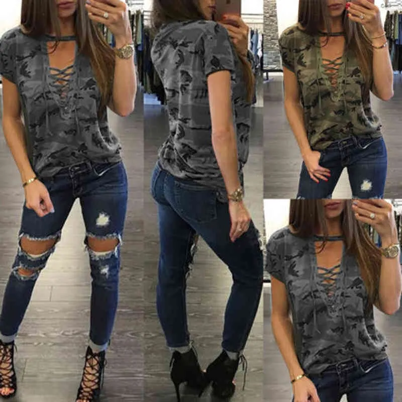 Kobiety T-shirt Casual Ladies Krótki Rękaw Kamuflaż Drukuj Luźne Lato Lace Up Bandain V-Neck Tops Moda Odzież 210522