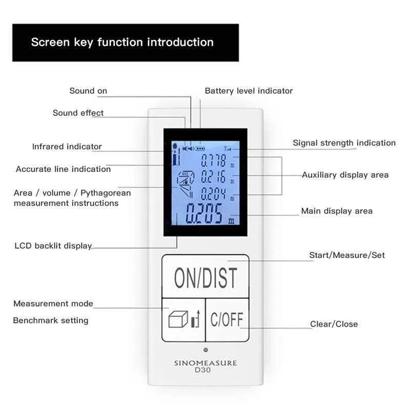 Bärbar mini handhållen laseravståndsmätare 35m Digital Rangefinder LCD-område Volymrum Mätningsområde Finder 210728