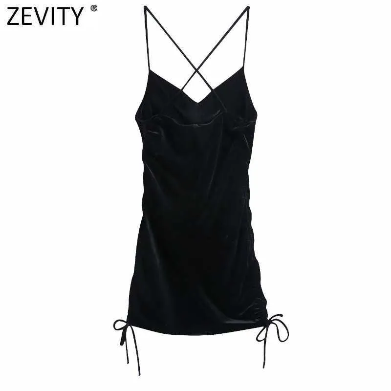 Zevity Women Sexy Spaghetti Strap Side Pleated Velvet Slim Mini Dress Femme Backless Cross Line Bow Club Wear Vestido DS4862 210603