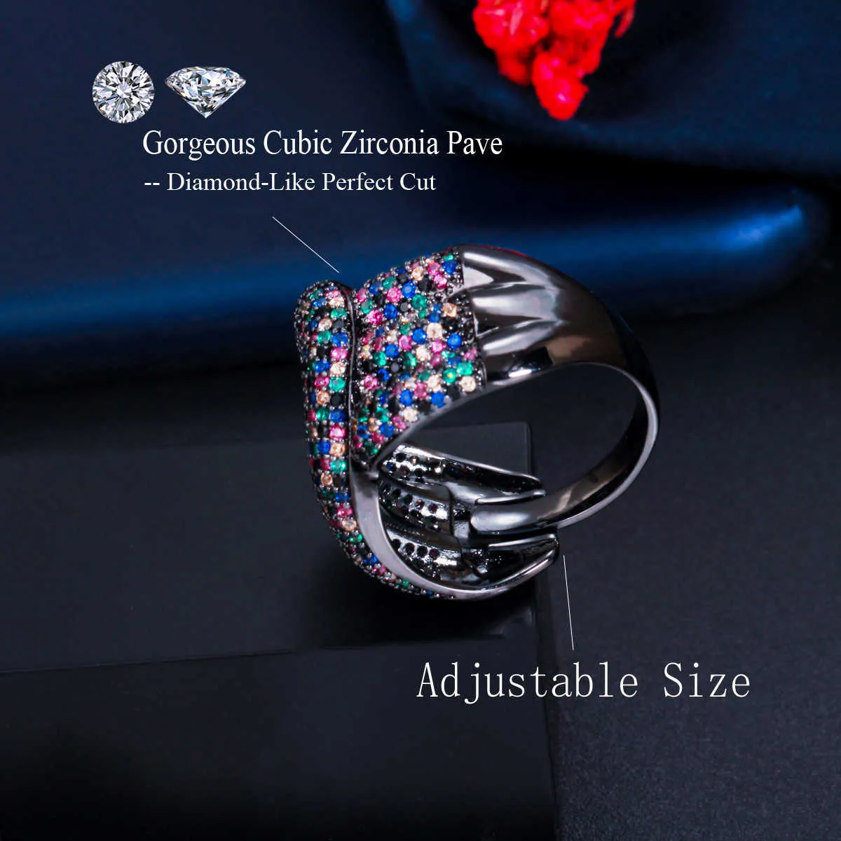 Adjustable Black Gold Multi Color Micro Pave Cubic Zirconia Stones Geometric Snake Finger Rings for Women Party R188 210714