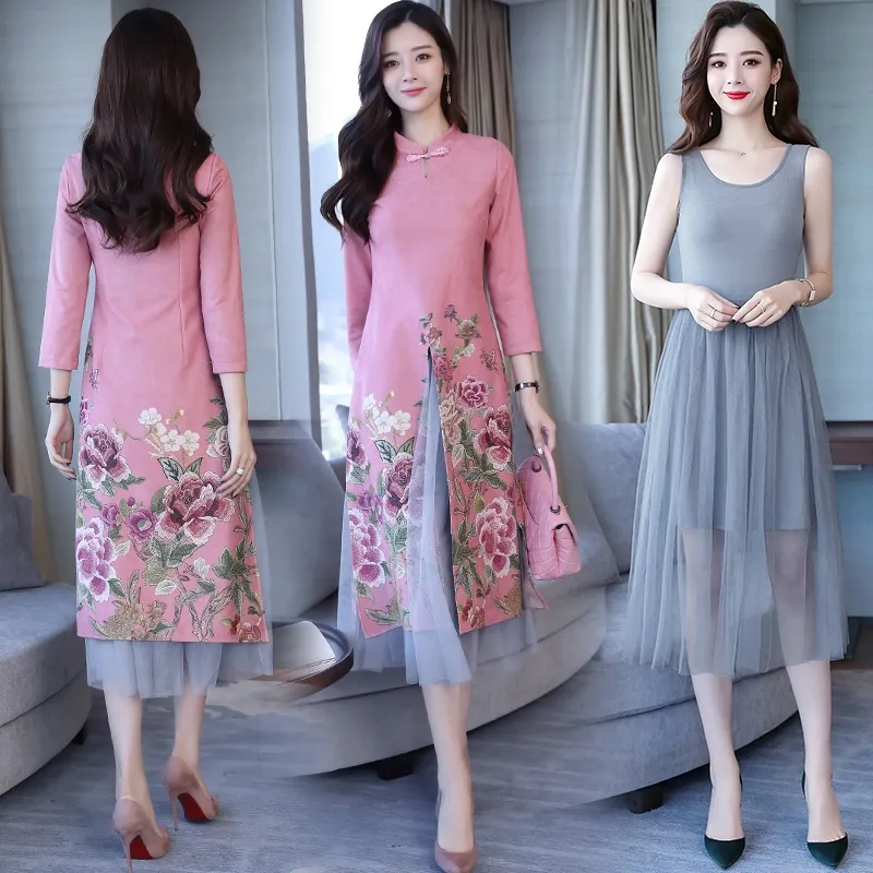 Chinese stijl afdrukken Tweede stukjurk Nieuwe Autumn Deer Skin Velvet National Wind Lace Dress 210322