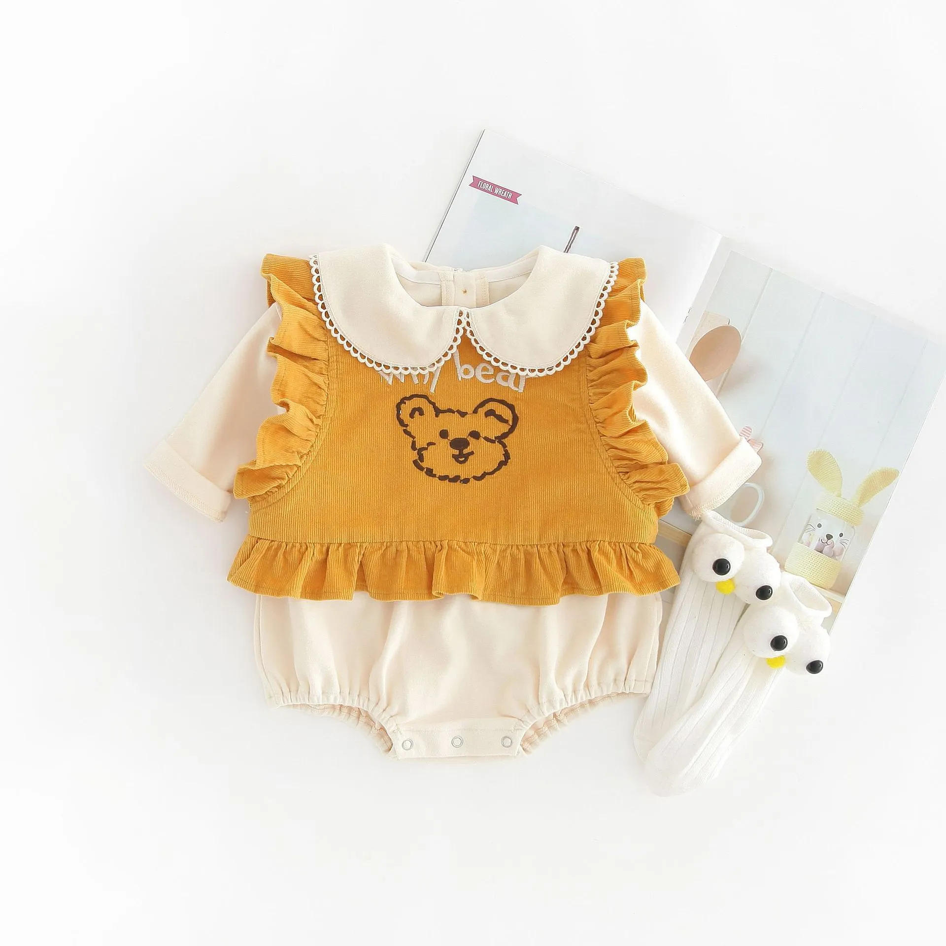 Automne bébé costume Onesie + gilet deux pièces fille princesse mignon ours barboteuse ramper vêtements 210515