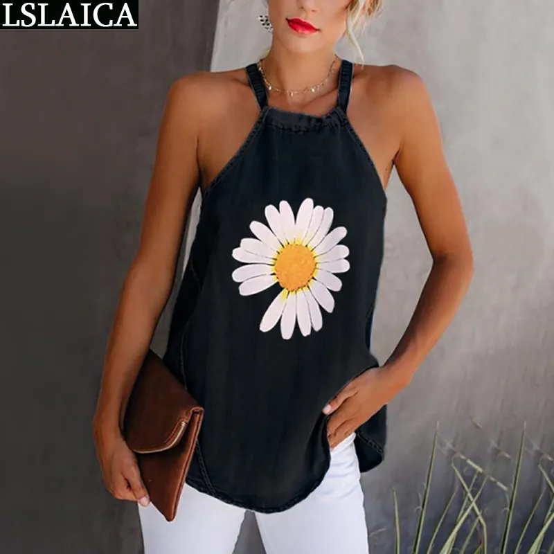 Venda Por Atacado Verão Top Sem Mangas Imprimir Moda Halter Tanque Casual Chic Party Club T-shirt das Mulheres Streetwear Sexy Feminino 210520