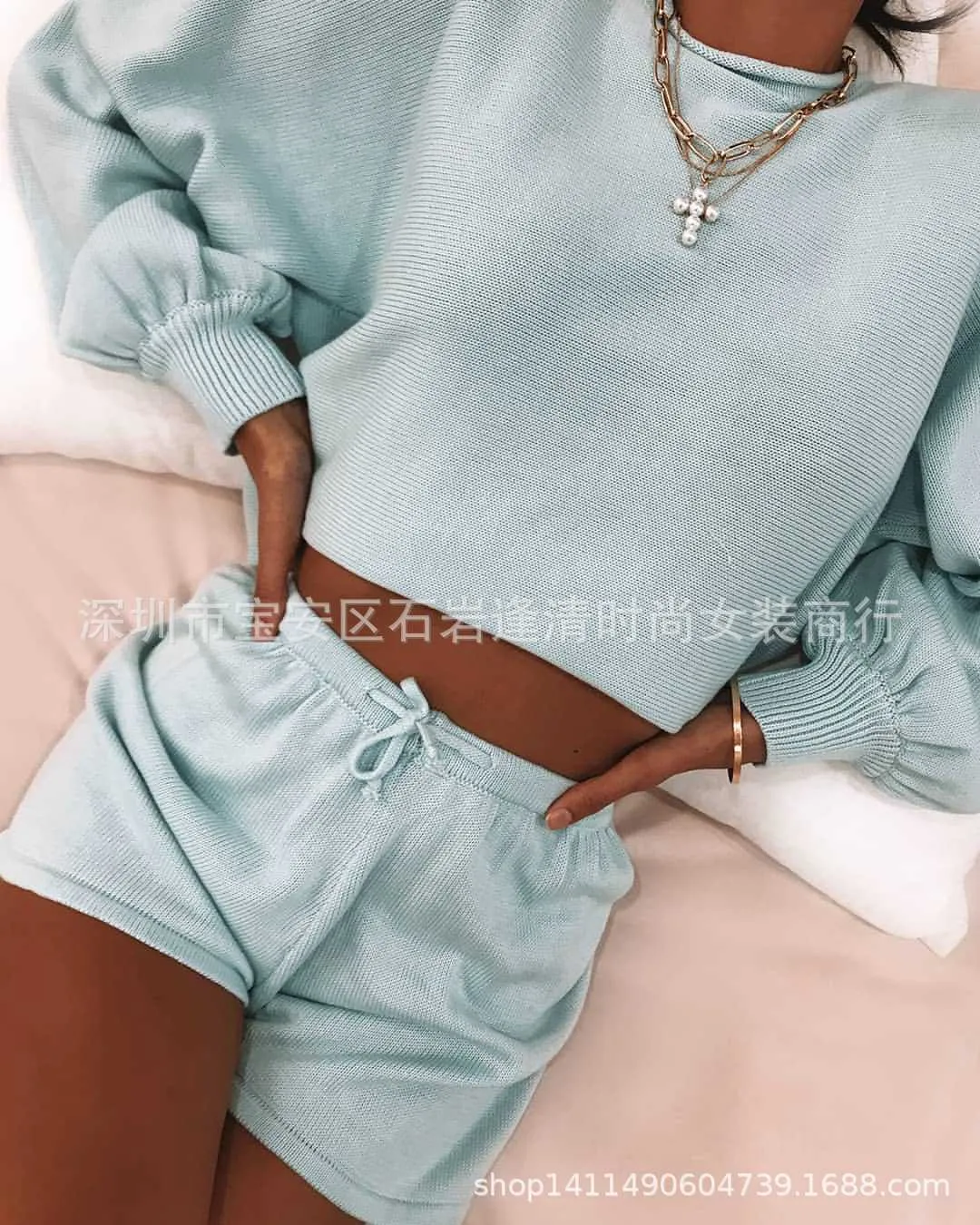 Home Street Style Two-piece Set Long Lantern Sleeve Knitted Sweater Tops + Lace-up Shorts Solid For Women K6PO 210603