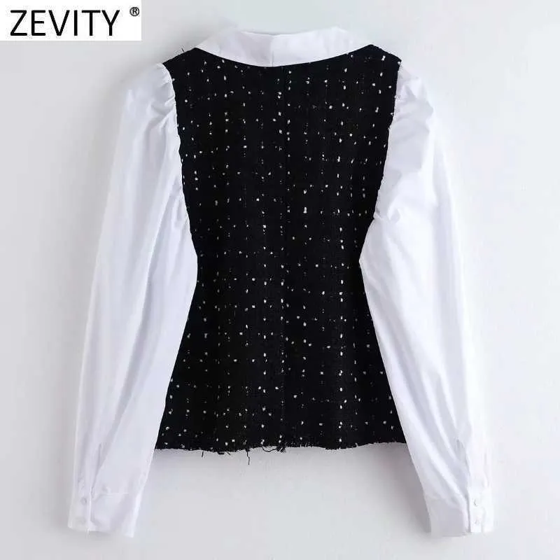 Zevity Women Vintage Turn Down Collar Poplin Patchwork Tweed Woolen Smock Blouse Female Bow Tied Shirts Chic Blusas Tops LS7493 210603