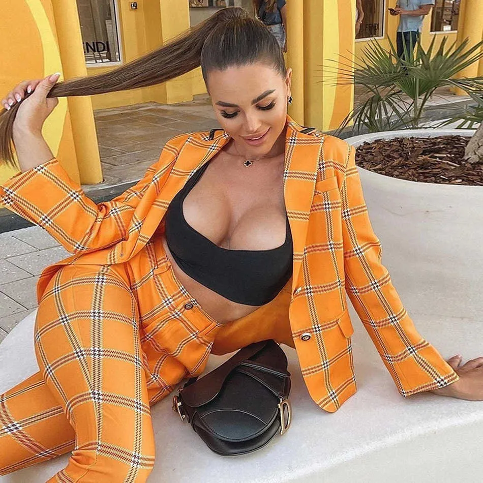 Elegant Plaid Orange Ladies Suit Jacket Long Sleeve Office Pants Casual Fall Summer Two-piece 210527