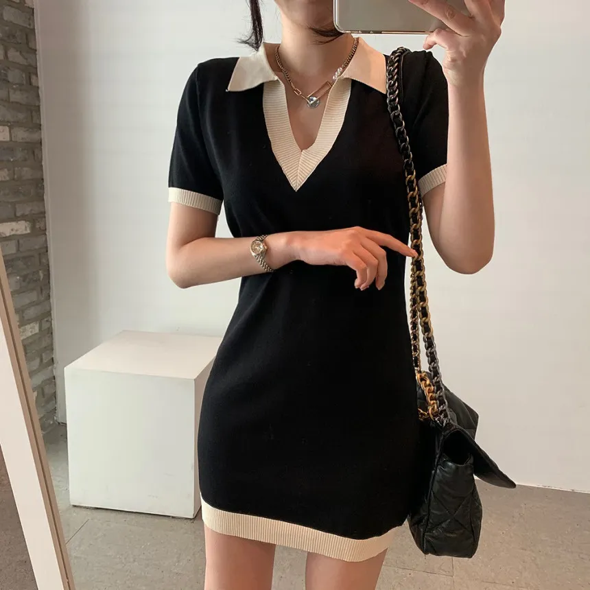 Color-blocked Korean Knitted Mini Dress Women Summer V-neck Short Sleeve Dresses Vintage Fashion Ladies Vestidos Femme 210513