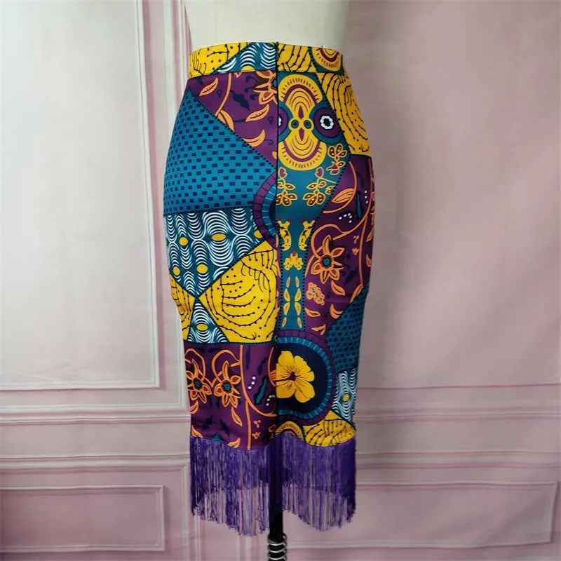 Women Summer Print Skirt Vintage Floral African Fashion High Waist Tassel Classy Modest Elegant Retro Jupes Falads Drop 210629