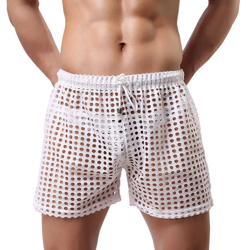 Mens Trunks Mesh Fishnet Hollow Out Boxers Transparent Loose Causal Shorts Sleep Bottoms Séchage rapide Trunks Elastici Palestra 210720