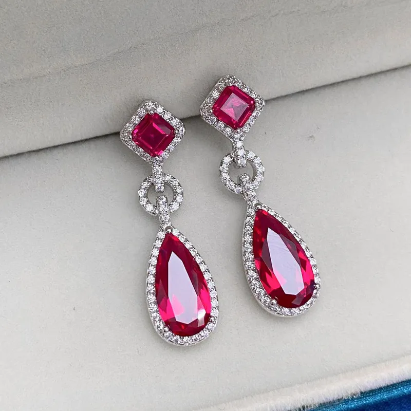 Ovas 100% 925 Sterling Silver Ruby Brincos para Mulheres Espumante Alto Carbono Diamante Festa de Casamento Nupcial Presente de Jóias Fine