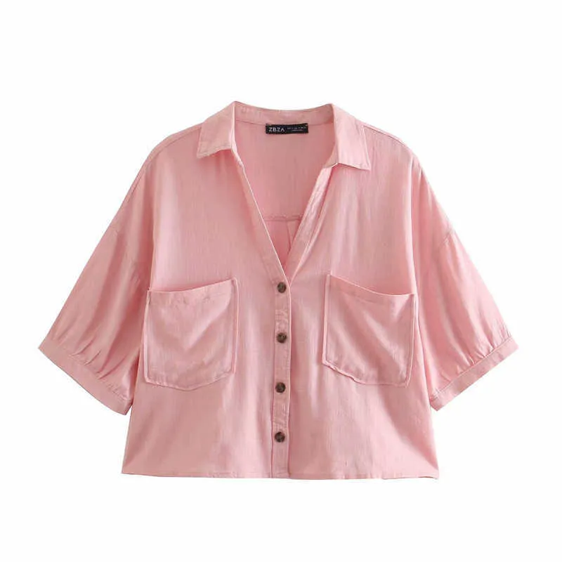 Za recortada camisa de verano de lino para mujer de manga corta abotonada Vintage Top femenino bolsillos de parche rosa verde blanco blusa camisas 210602