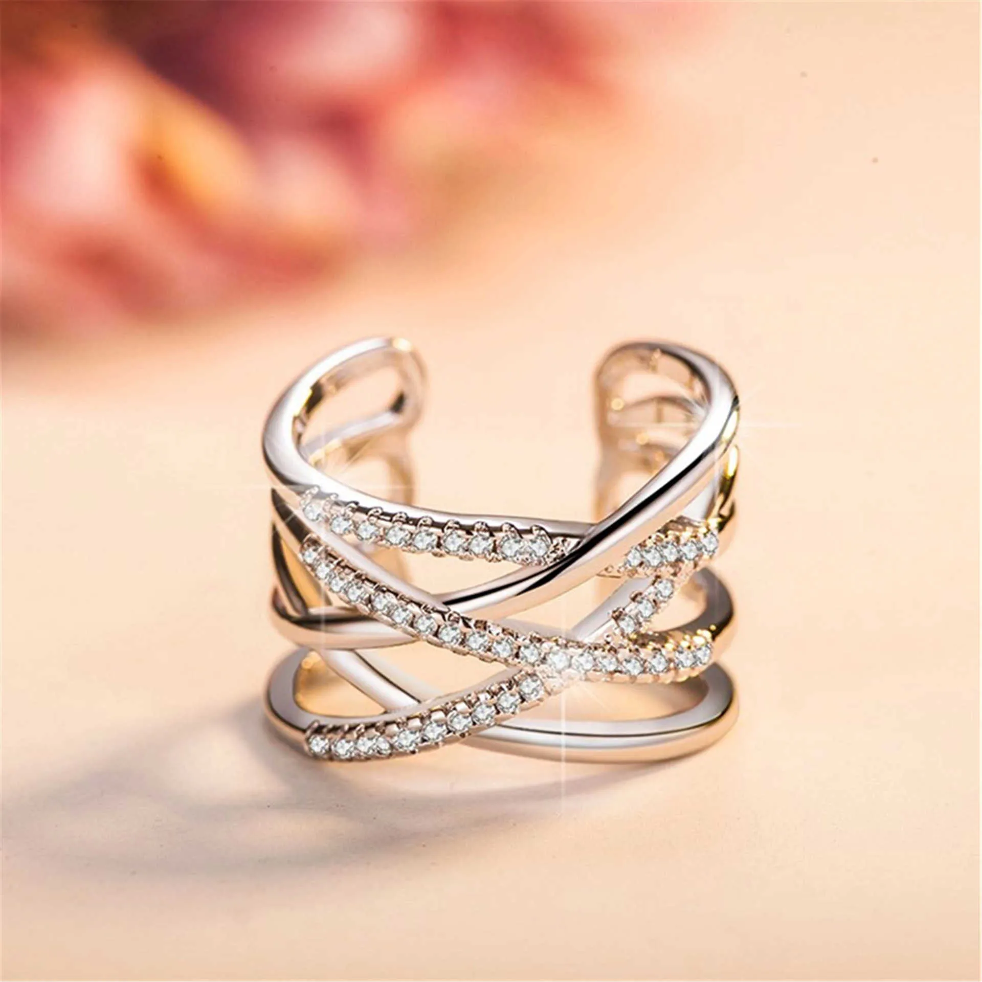 Anneaux d'hommes Anneau cristal Silver Bague Femme Diamond Inlaid Double Rose Gold Net Line Simple Open Lady Story Styles Bande