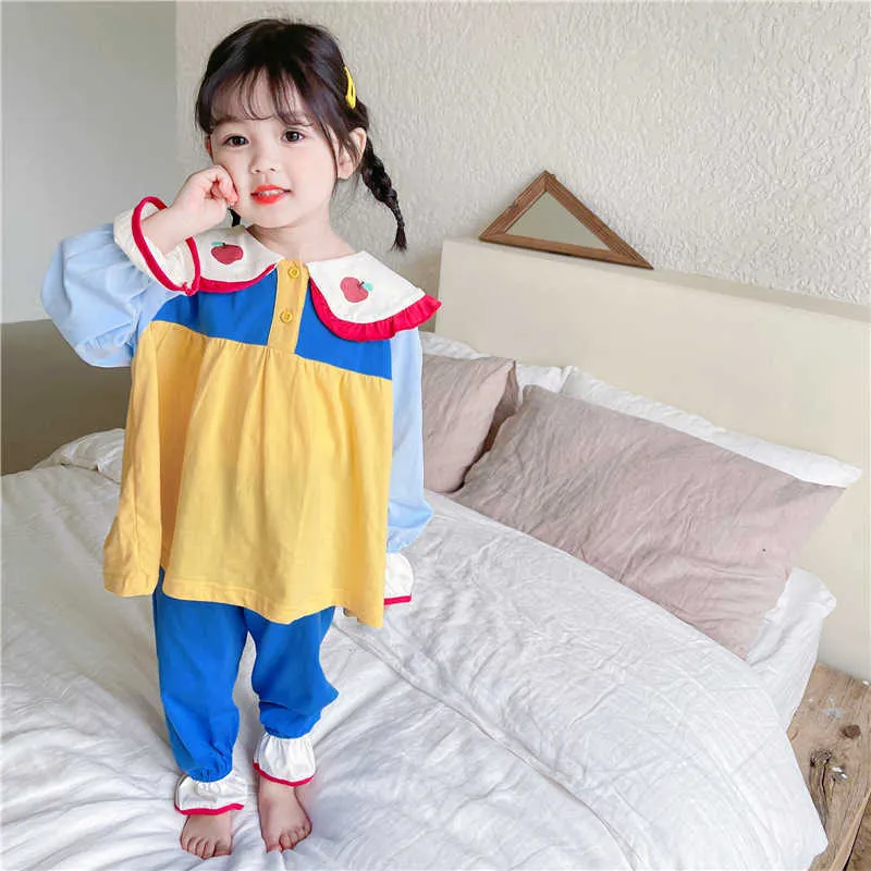 春の赤ちゃんパジャマ長袖コットンアップルピーターパン襟トップ+ロングパンツホームウェアガールかわいい衣装E8038 210610