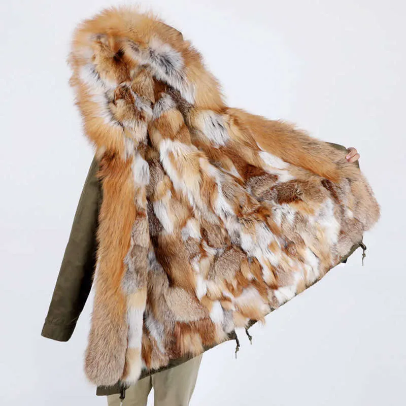Maomaokong manteau de col en fourrure de renard naturel véritable veste en cuir pour femmes vêtements d'hiver blouson aviateur pour femmes parka manteau épais manteau l 210927