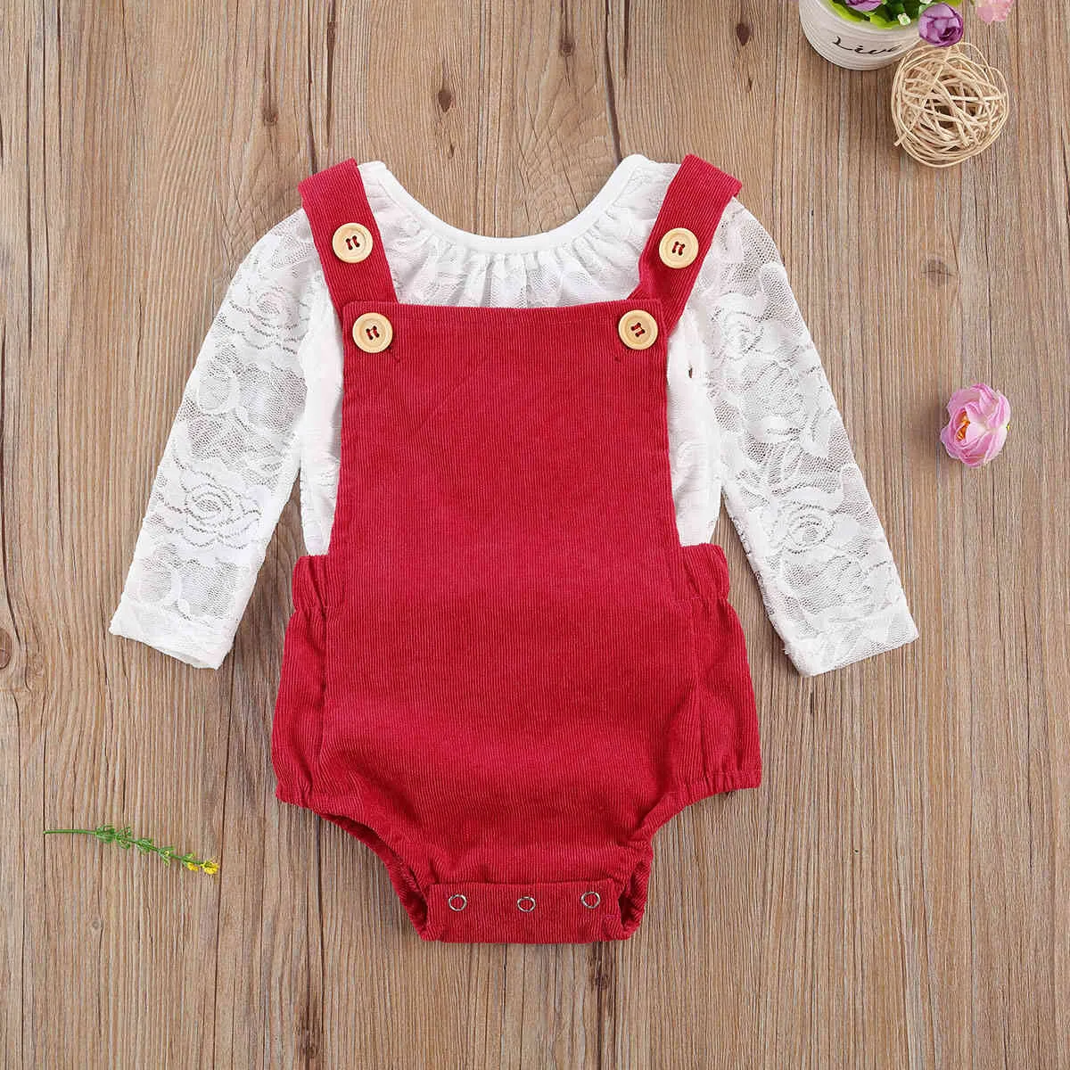 0-18M Christmas Infant born Baby Girl Clothes Set White Lace Romper Red Corduroy Overall Outfits Autumn BABY Clothing 210515