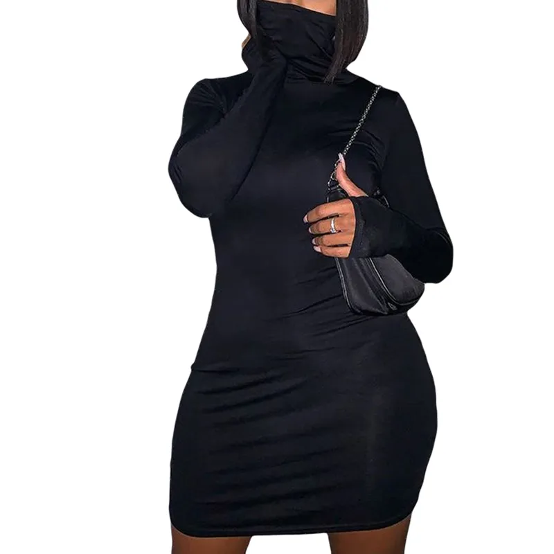 女性鉛筆ドレス長袖タートルネックブラックセールバッグヒップハイウエストスリムフィットRuched Ladies Mini Clubwear 210522