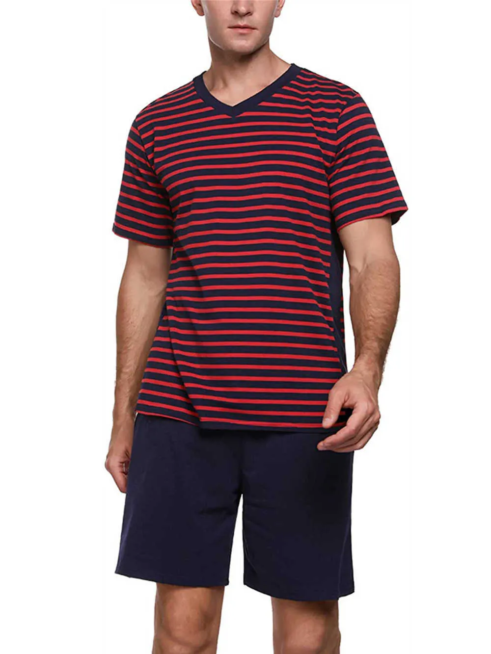 Mäns uppsättningar 2021 Sommar Casual Striped Patchwork Loose Short Sleeve T-shirt + Shorts Home Wear Sets Män Stora 3XL X0610