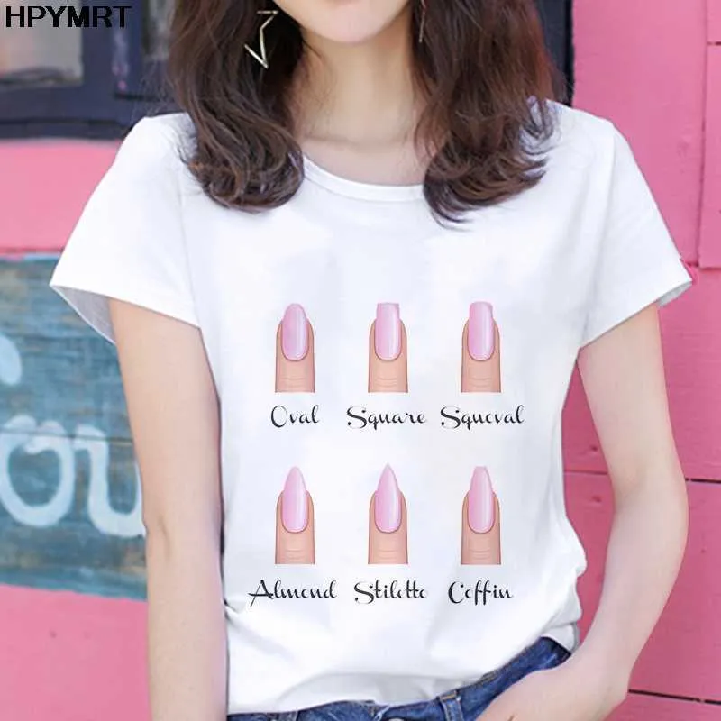 Nowa koszulka Damska Moda Osobowość Nail Art Print Fun Casual Lato Krótki Rękaw Harajuku Krótkie Damskie T-Shirt Kobiet Topy X0628