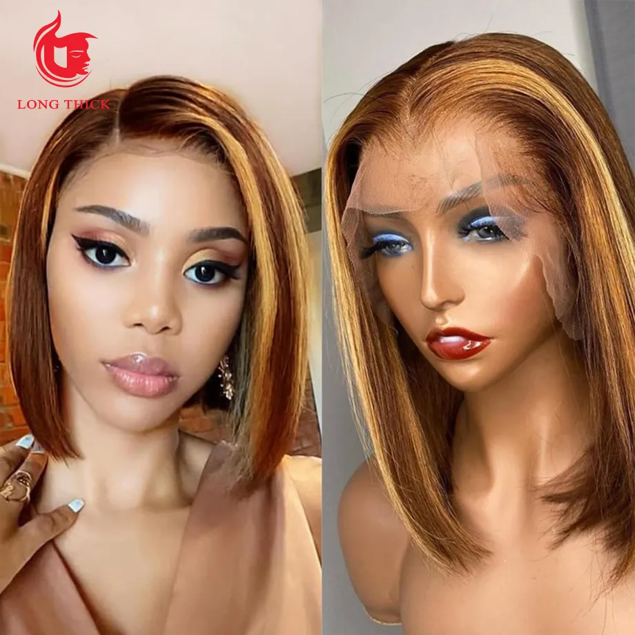 Short Bob Wig Lace Front Human Hair Wigs Brazilian 4/27 Human Hair Highlight Brown Wig For Black Women Straight Lace Front Wigfactory