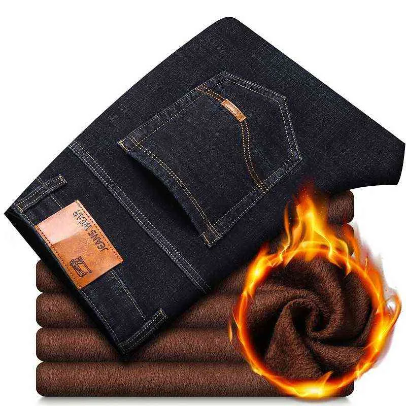 Vinter termisk varm flanell stretch jeans mens kvalitet kända märke fleece byxor män rakt flockande byxor jean man 211111